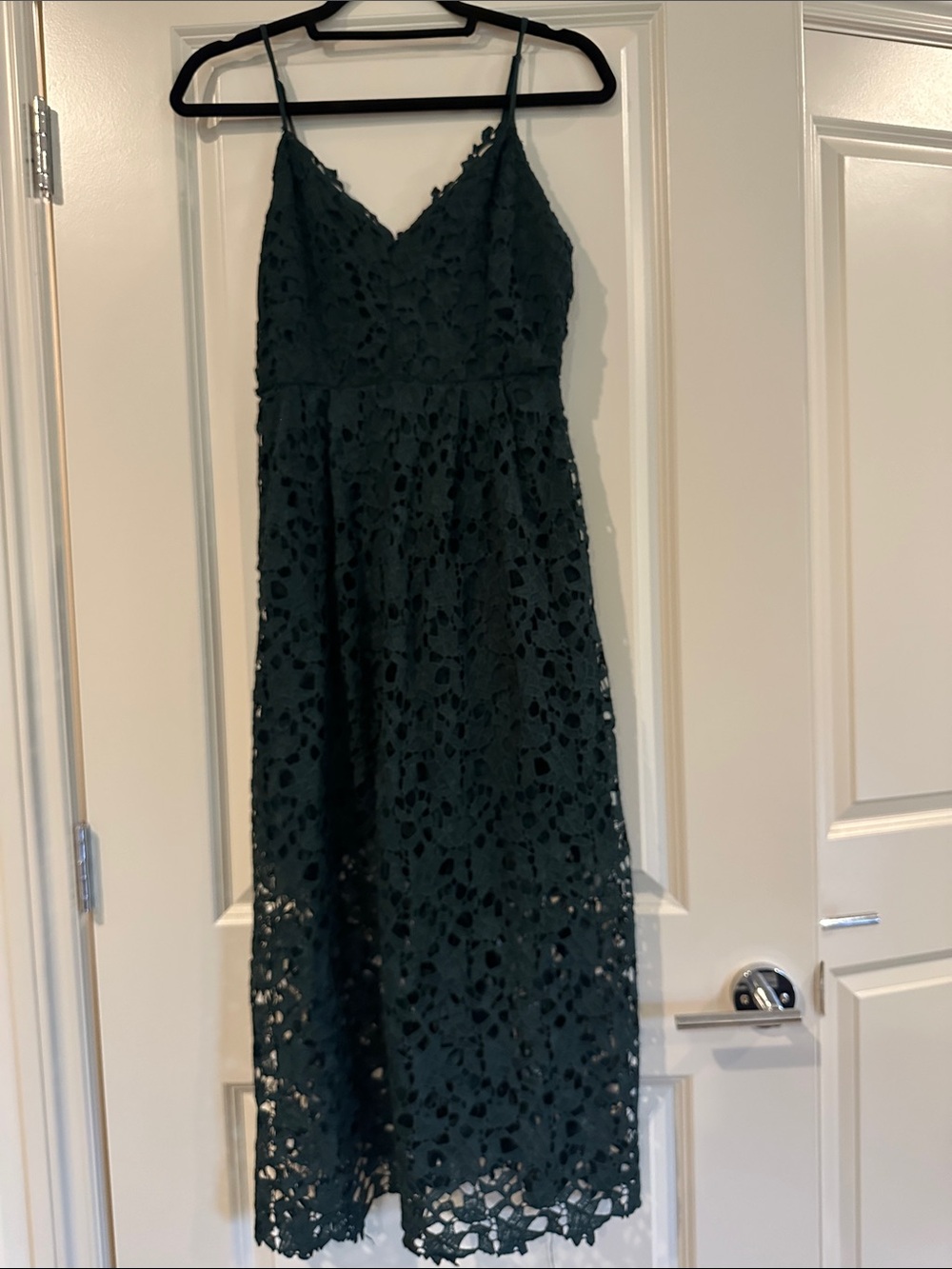 Aqua Dark Green Lace Midi Dress with Spaghetti Straps